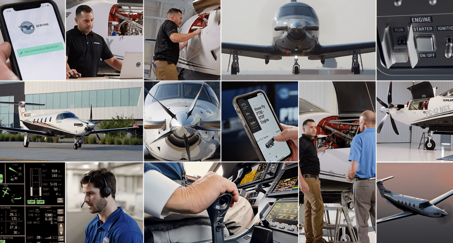 A collage of images featuring aircraft, people and devices