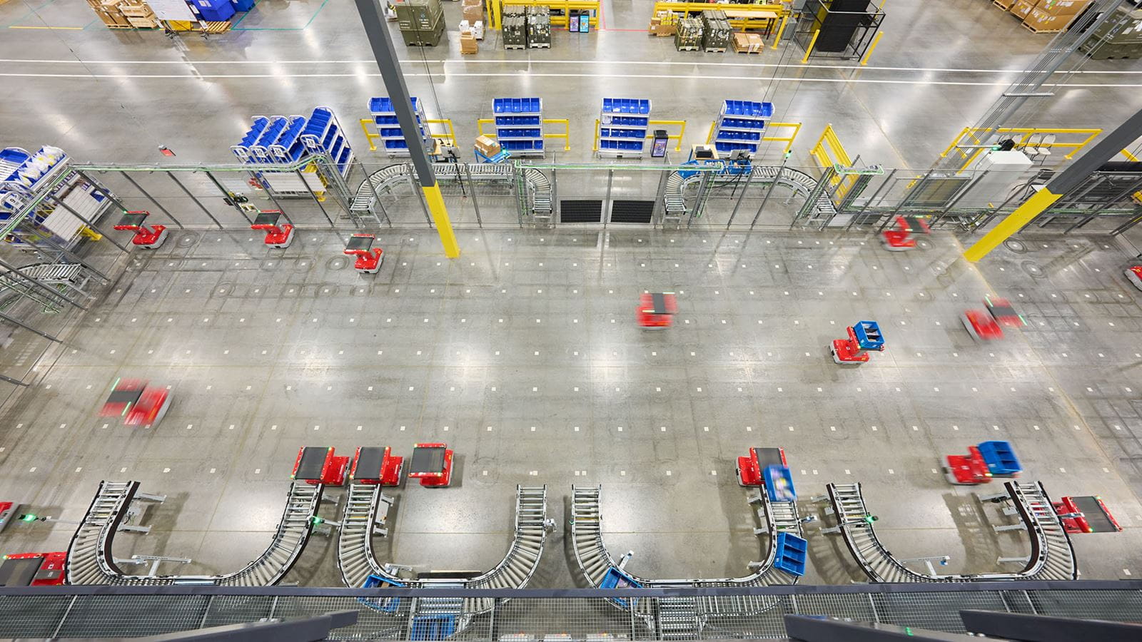 Interior of a warehouse showing automated carts working
