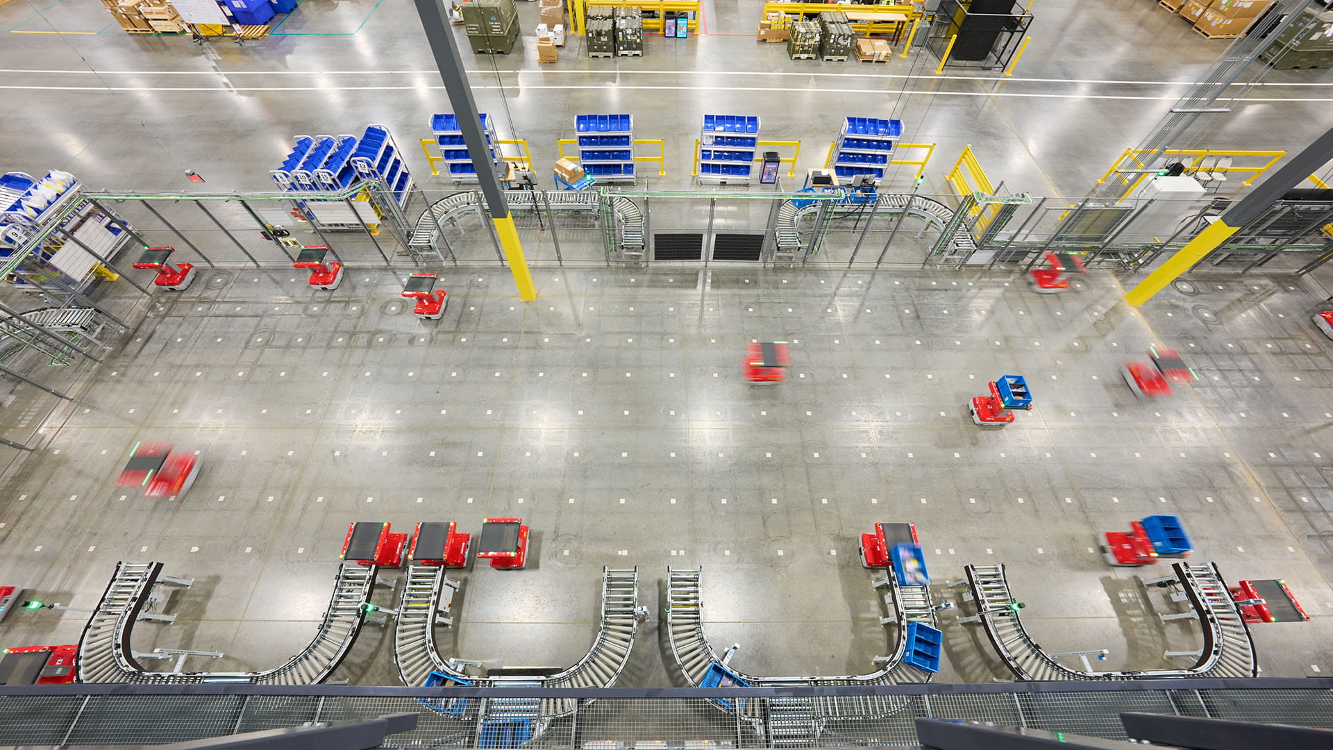 Interior of a warehouse showing automated carts working