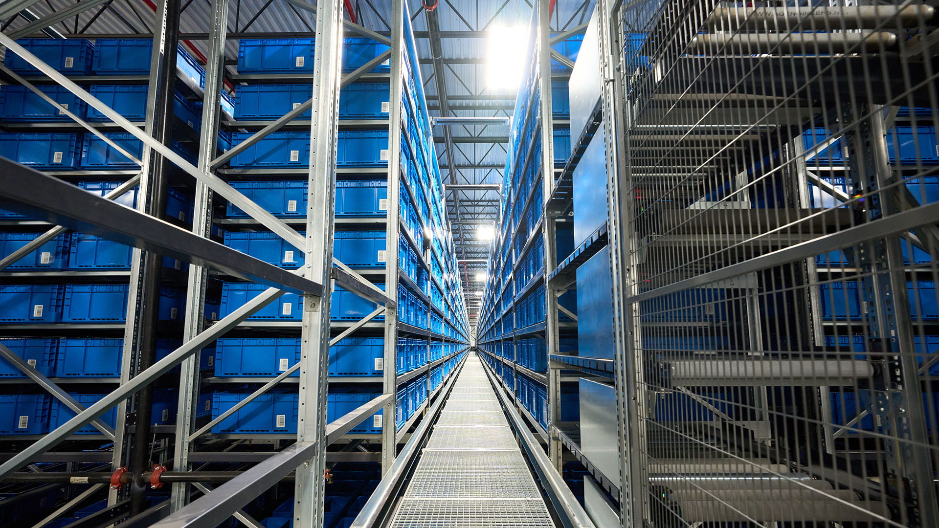 Interior of a warehouse showing racks and shelving