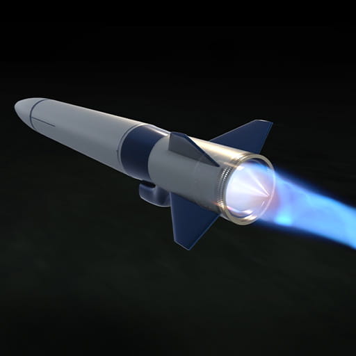 Computer illustration of a missile in flight that is powered by a rotating detonation engine