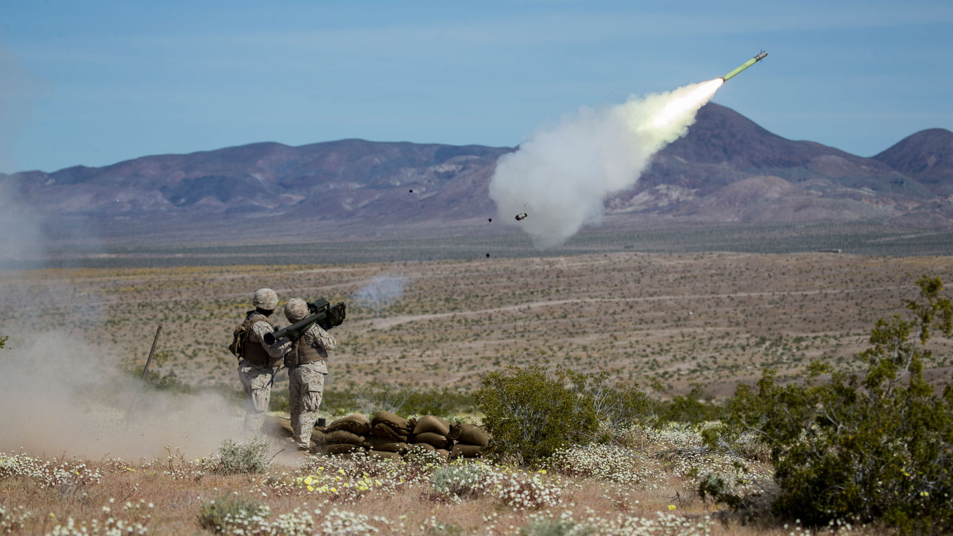 Soldiers fire a shoulder-mounted stinger missile