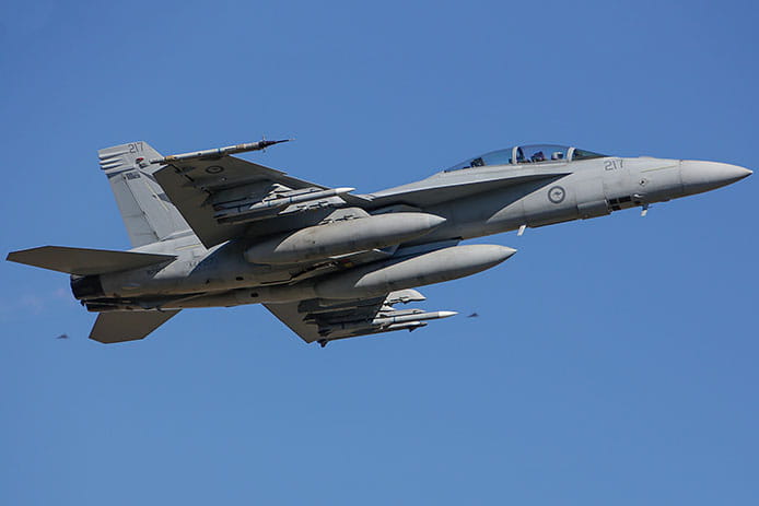 A F/A-18F Super Hornet from No. 1 Squadron takes off from RAAF Base Amberley