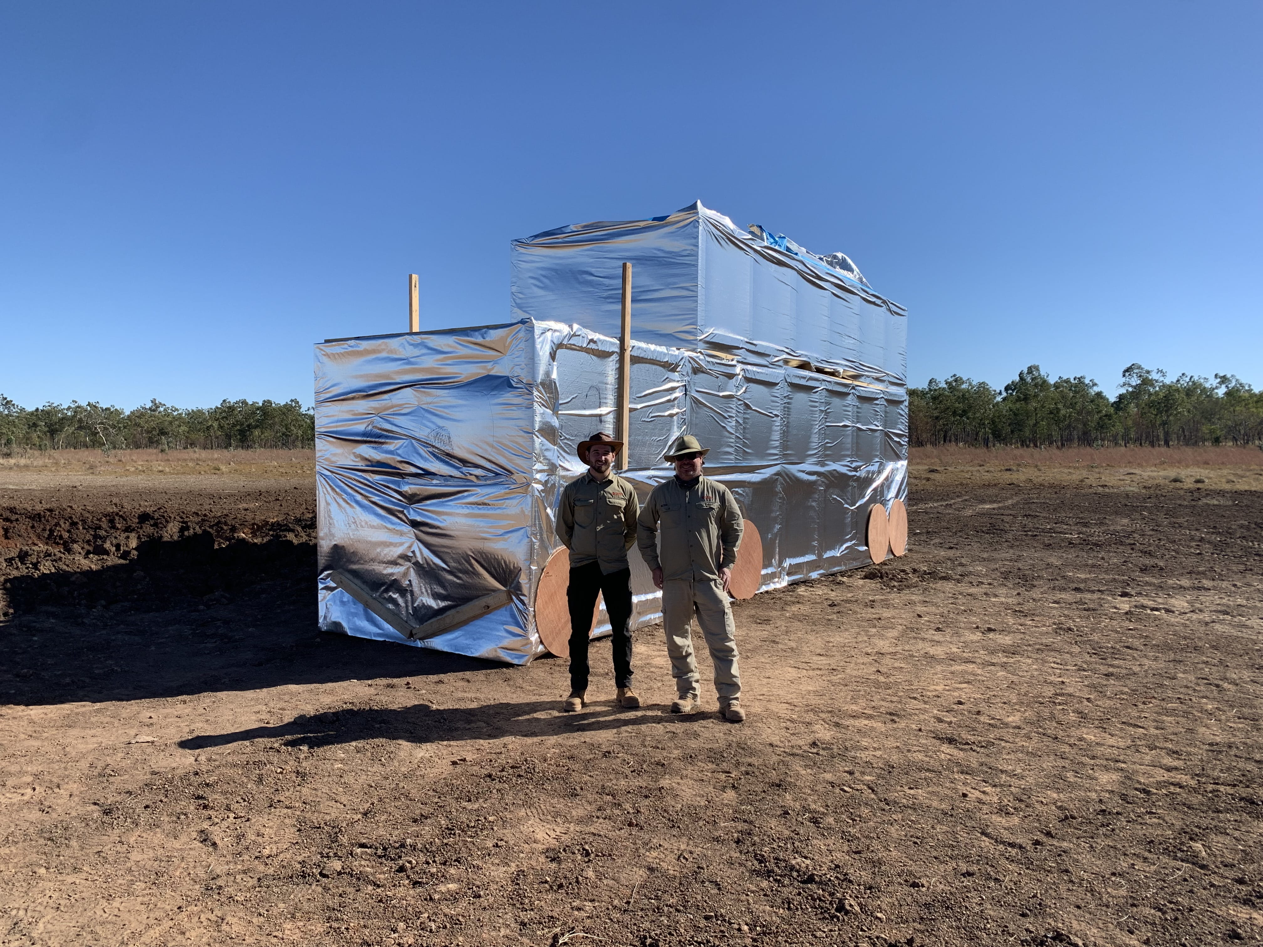 Luke Hilton (right) and Sheldon George in front of the fully-assembled prototype truck target.