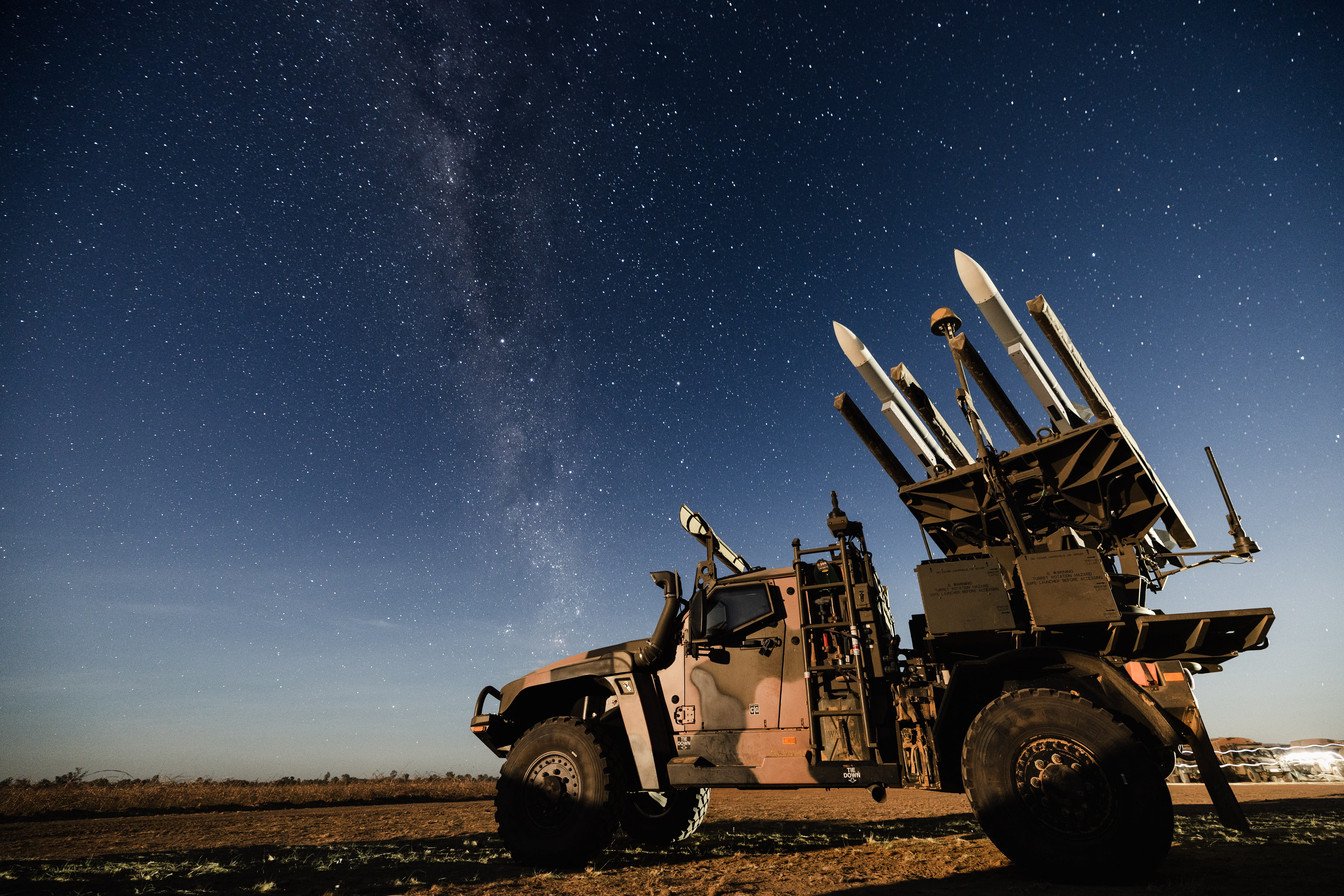 AIM120 AMRAAM missiles on board a High Mobility Launcher Hawkei, as part of the National Advanced Surface-to-Air Missile System at Bradshaw Field Training Area in the Northern Territory, at Exercise Talisman Sabre 2025