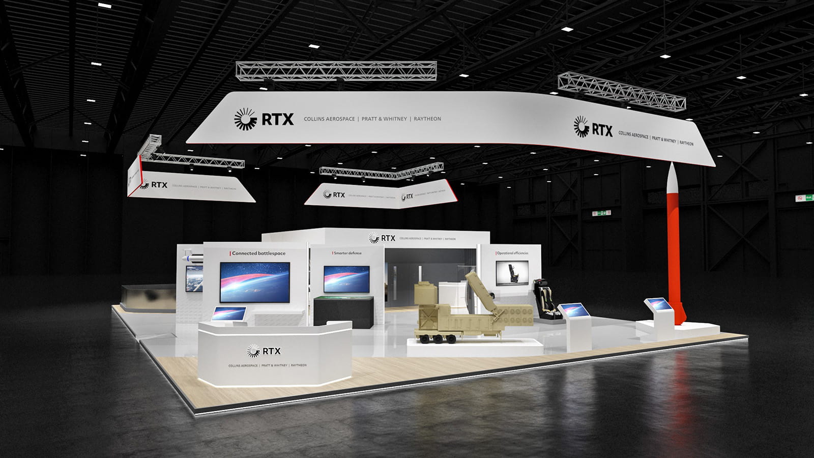3d render of the RTX booth for the World Defense Show