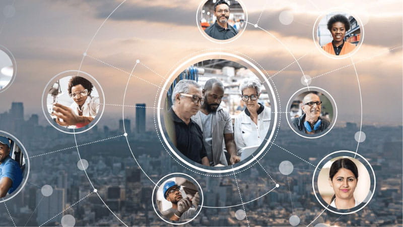 web of images showing workers over a background of a city