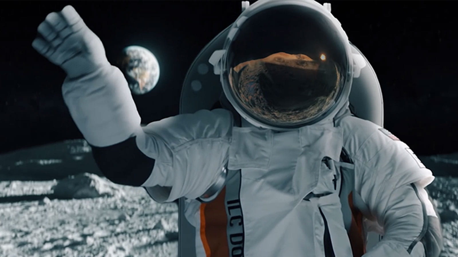 a computer rendering of an astronaut on the moon waving with planet earth in the background