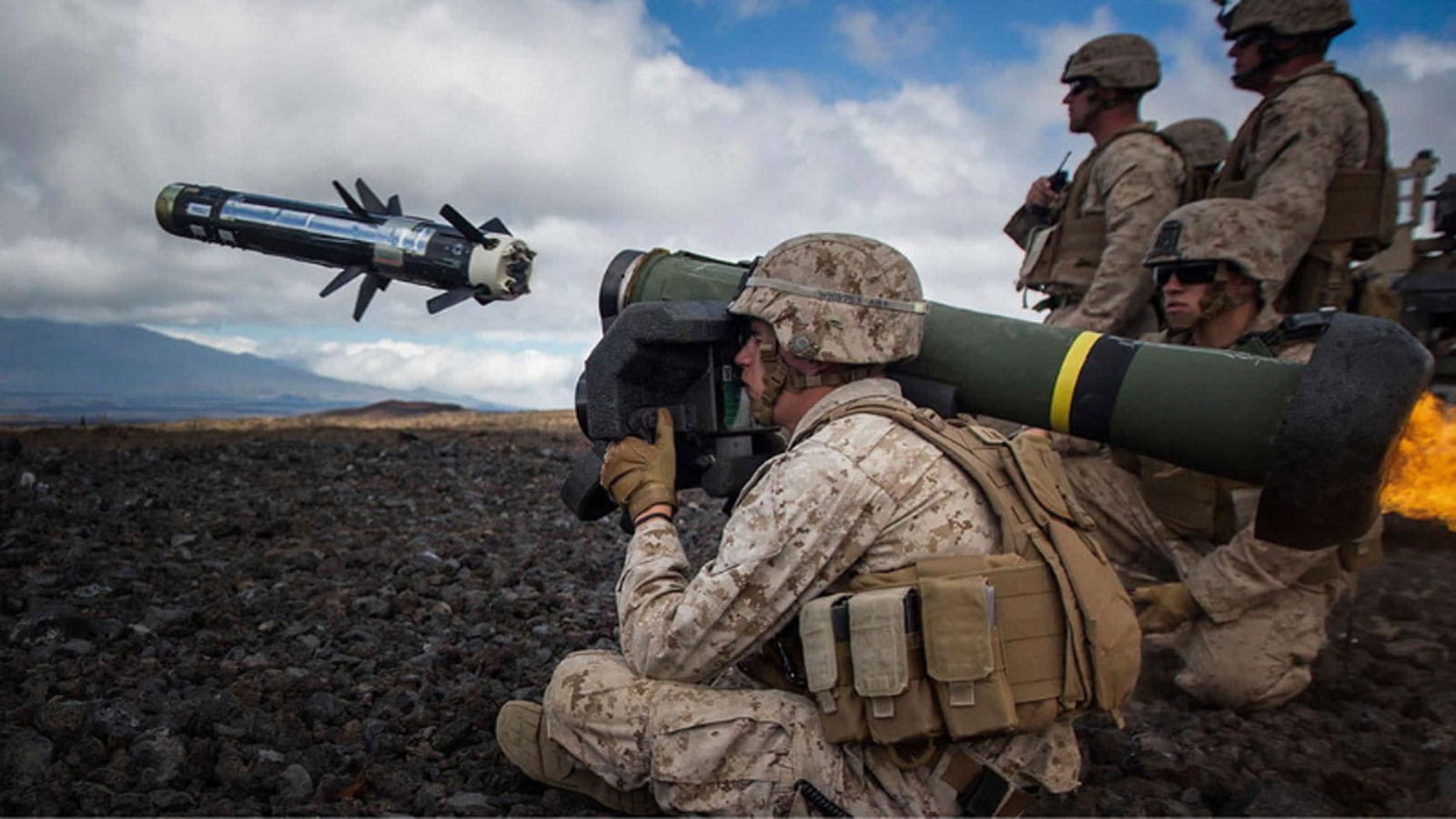A U.S. marine fires a javelin at simulated enemy tank