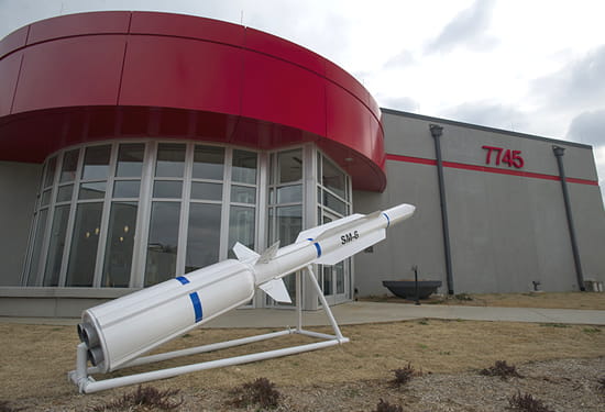 A model of the Standard Missile-6 is displayed outside the Raytheon factory that produces them in Huntsville, Alabama.