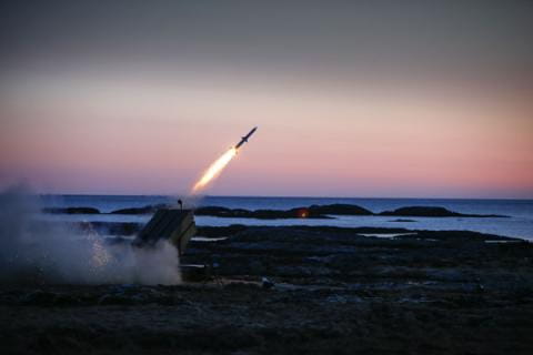 An AMRAAM launches from a National Advanced Surface to Air Missile System during the Thor's Hammer exercises in Sweden. Raytheon has developed an extended-range variant of AMRAAM and integrated it into the NASAMS launcher.<br />(<a href="https://www.raytheon.com/sites/default/files/2017-10/1_26.jpg" target="_blank">Download High Res Photo</a>)