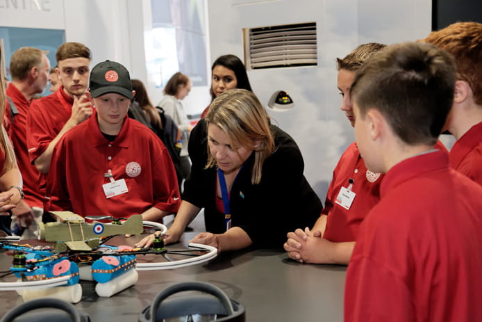 inspecting the 2017 winning team’s quadcopter during the 2018 Farnborough International Airshow