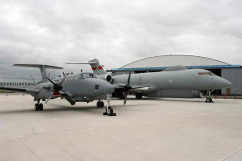 Raytheon-developed Shadow R1 tactical C4ISTAR for the UK Ministry of Defence uses an innovative, airborne, mission-management system on a modified Beechcraft King Air 350CER. Raytheon installed 21 mission systems on the Shadow (pictured at left).