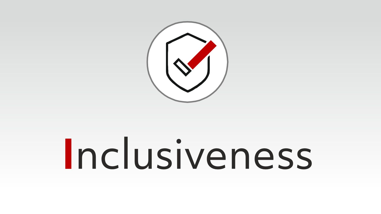 A red tick on a shield above the word 'inclusiveness'