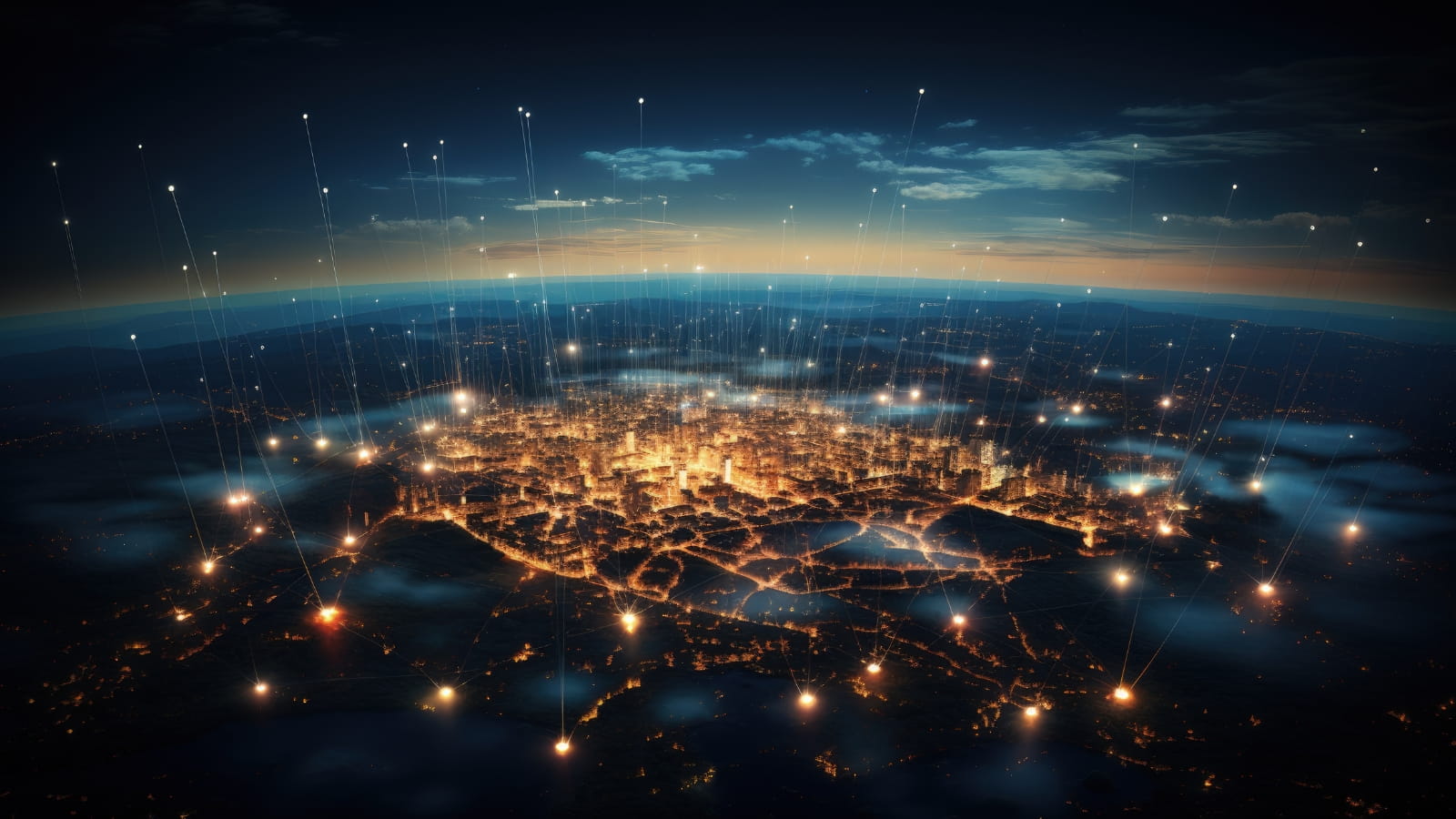 A city glowing in gold light as seen from space