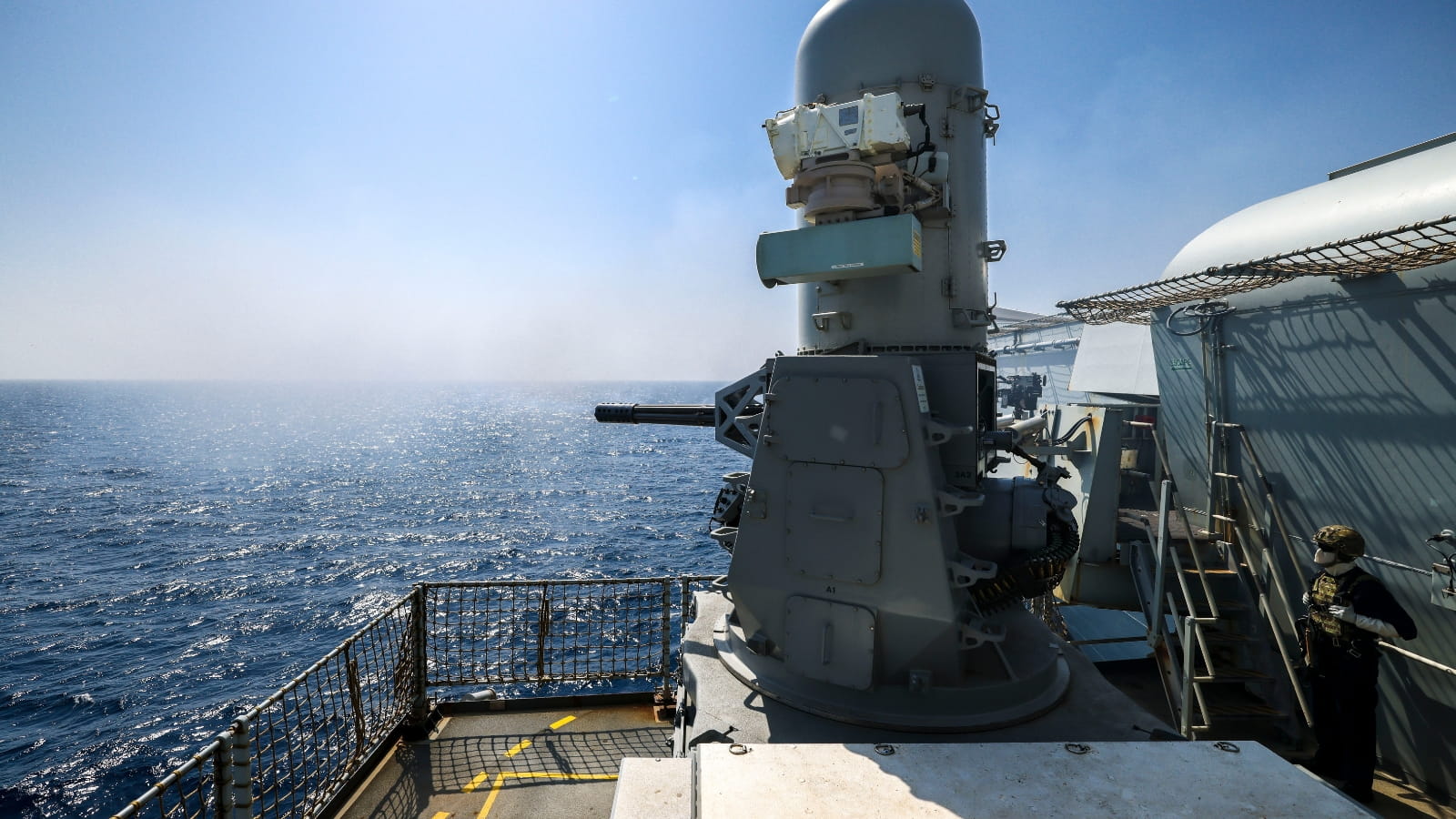 Phalanx firing from the deck of a navy vessel