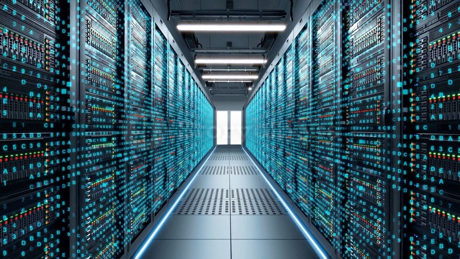 A server room corridor lit up by L.E.D lights leads to an exit door