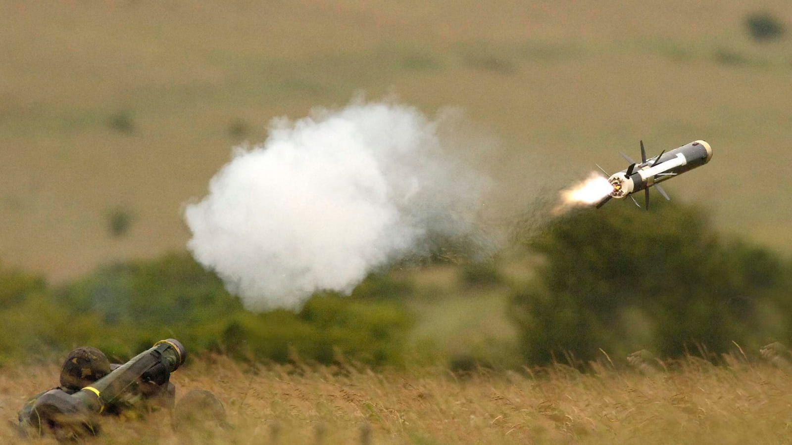 Javelin fired by a British Army soldier in a field