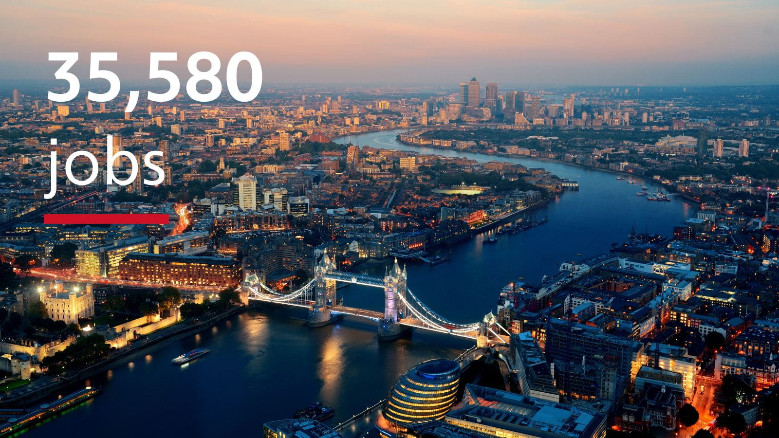 An aerial shot of London at dusk. The river Thames cuts through the centre of the picture, with buildings either side. Tower Bridge is clearly lit up over the river. Text in the upper left corner reads 35,580 jobs.