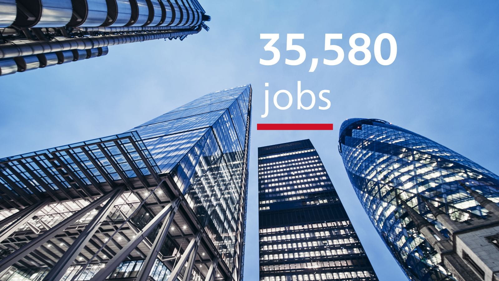 A picture from the ground, looking up at the famous London building the Gherkin, and its neighbouring towers. Some of the many windows are brightly lit from inside. Blue sky is overhead. Text in the upper right corner reads 35,580 jobs.