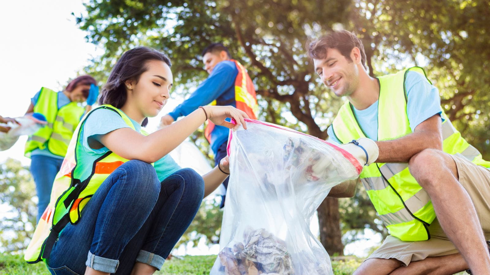 A group of four young professionals in casual clothes and high-visibility vests clean up a park. Two kneel in front of the camera putting rubbish into a clear bag. The sun shines through the leaves of a tree behind them.