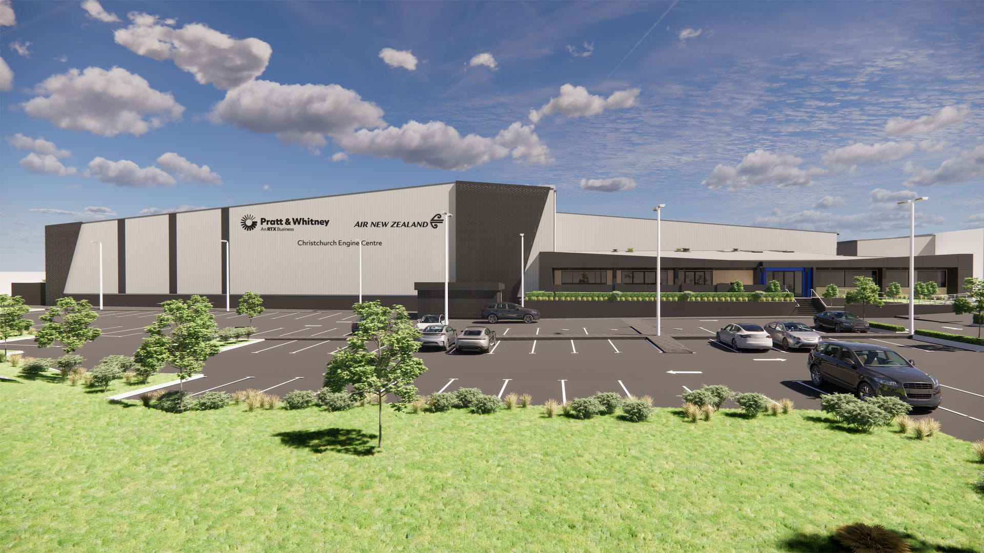 A computer-generated rendering of a building with the Pratt & Whitney and Air New Zealand logos on it. The text 'Christchurch Engine Centre' is also visible.