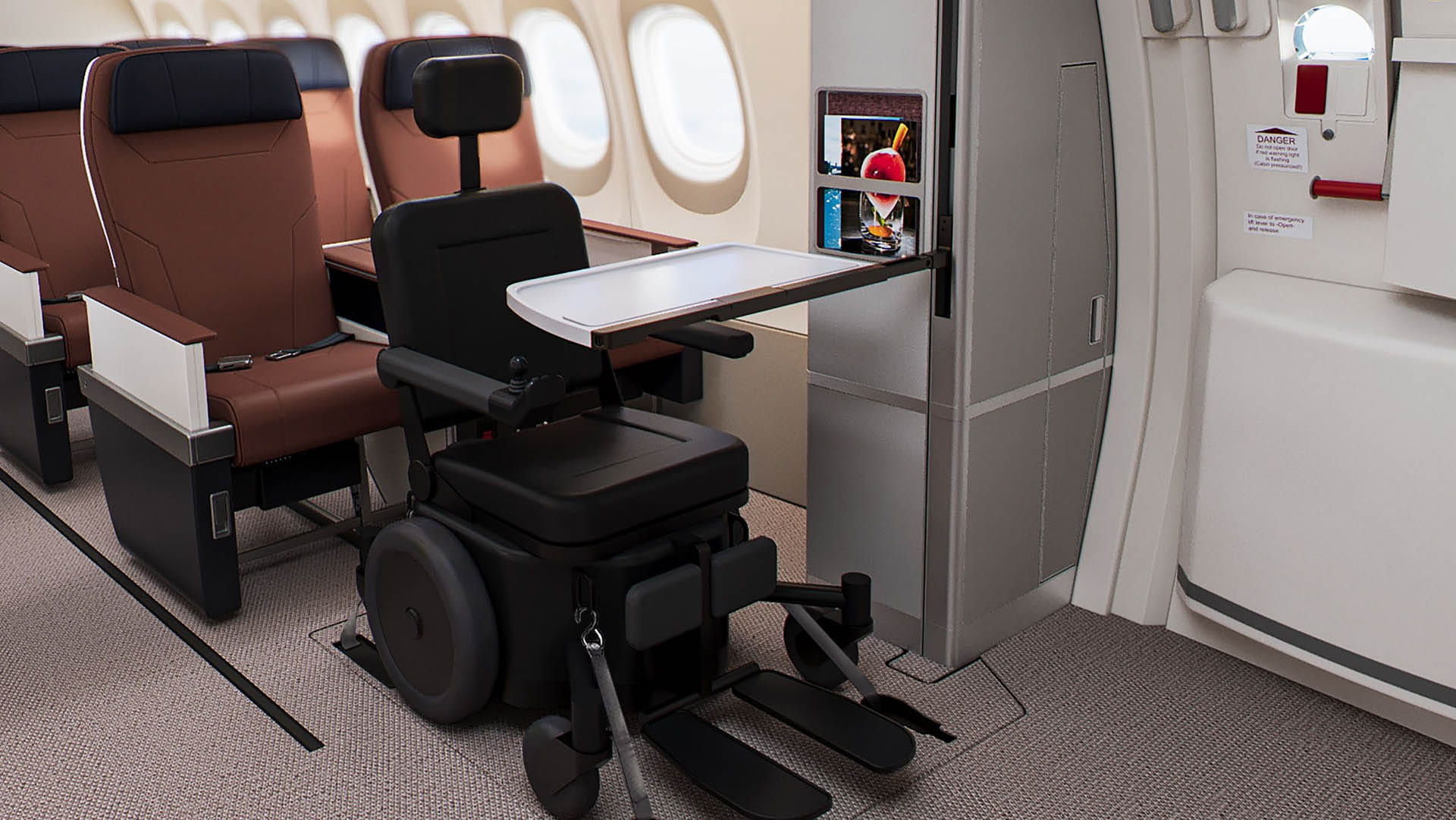 a wheelchair inside a commercial passenger jet