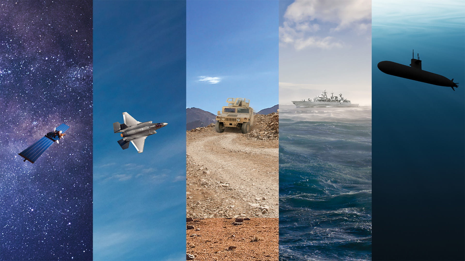 Connected Battlespace all domains split image - satellite aircraft land vehicle naval and submersible