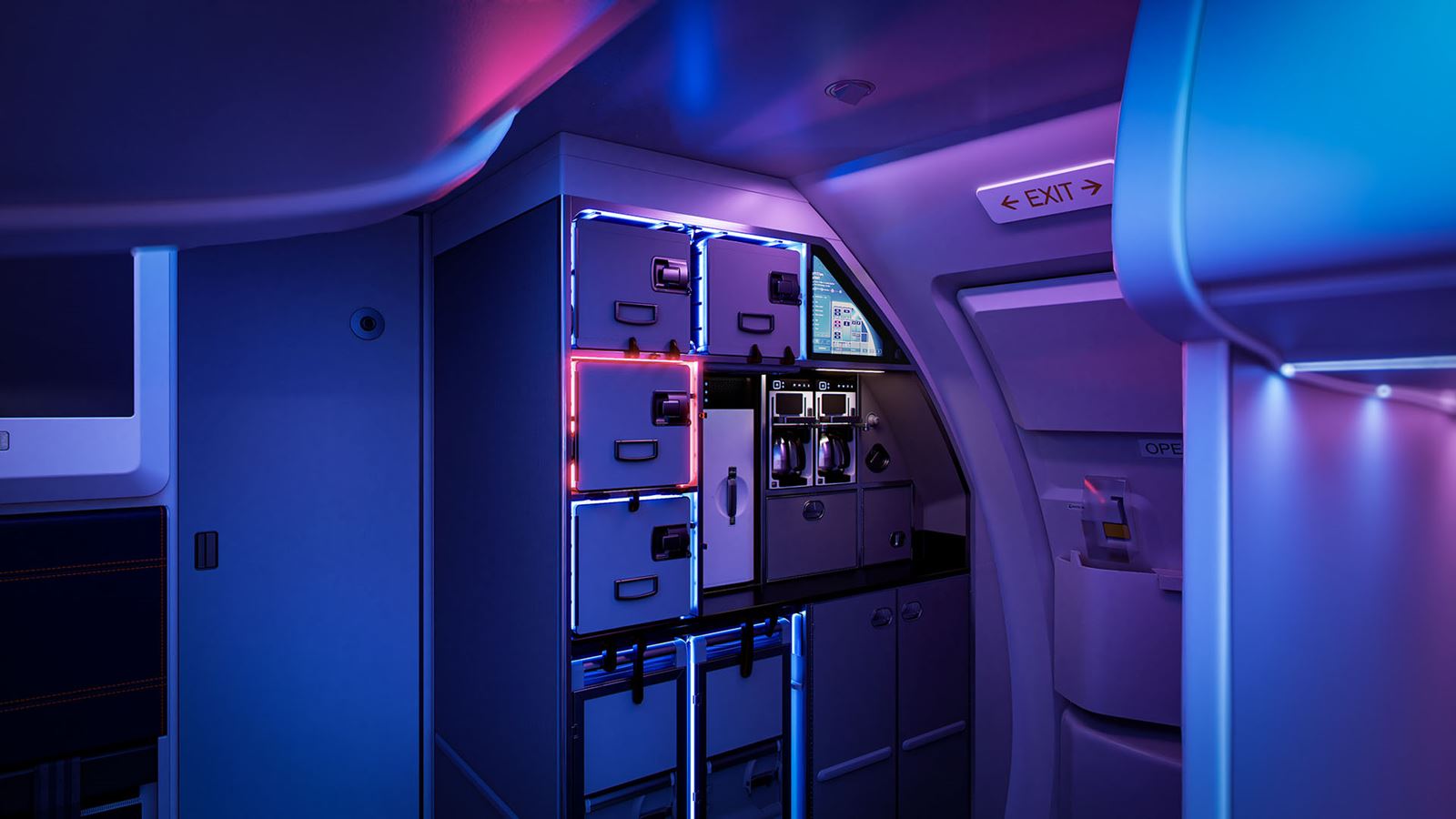 aircraft galley with artistic lighting