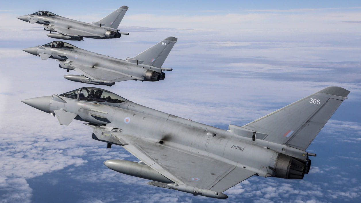Three Eurofighter Typhoons flying in formation