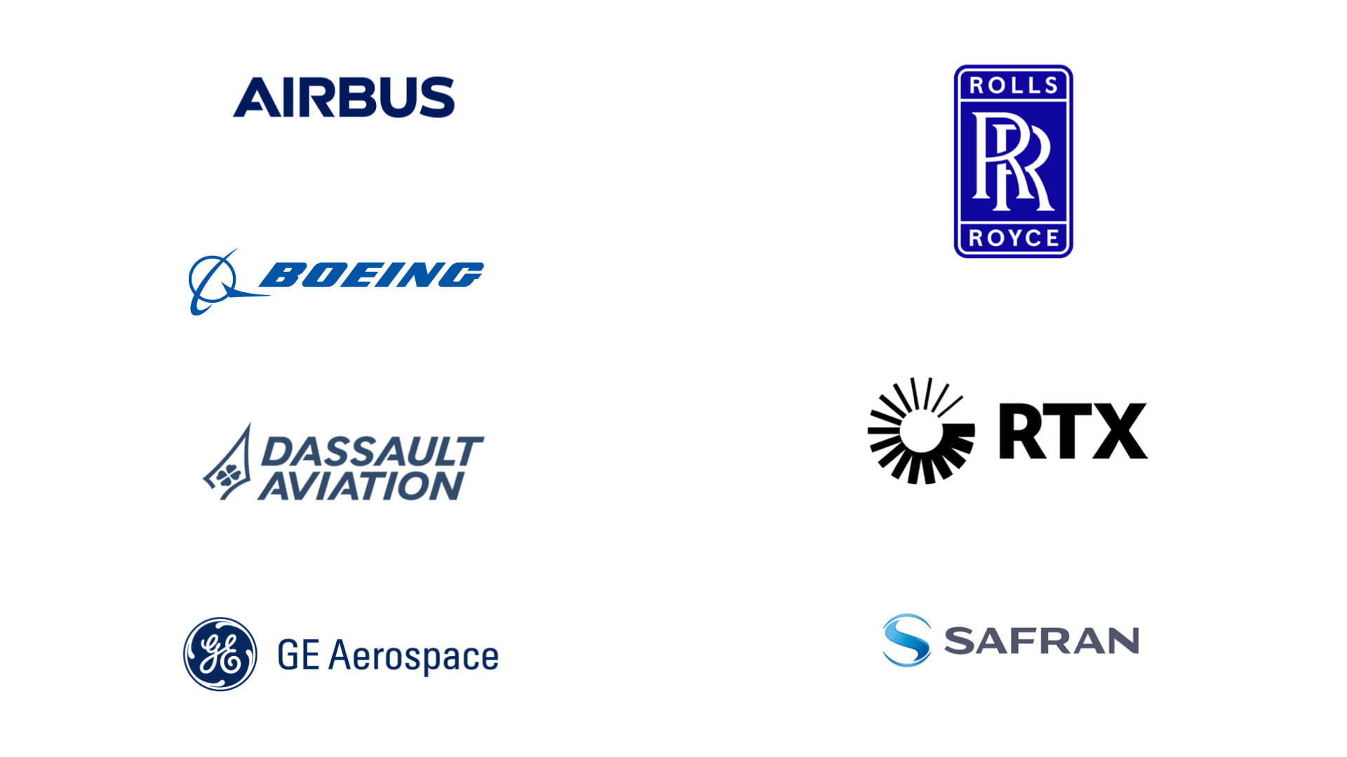 Company logos of Airbus, Boeing, Dassault Aviation, GE Aerospace, Rolls Royce, RTX and Safran