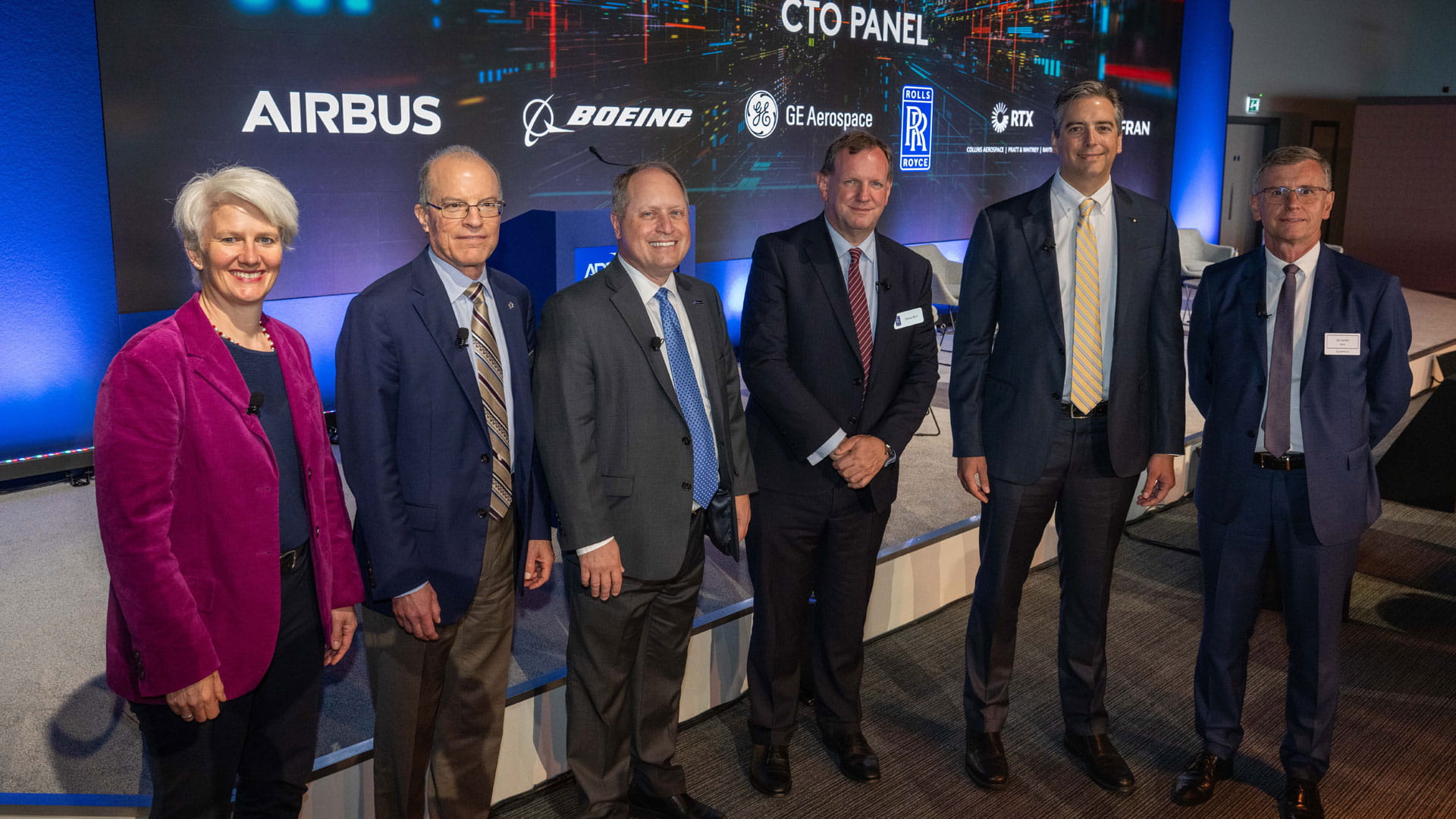 (left to right) Sabine Klauke, chief technology officer, Airbus; Todd Citron, chief technology officer, Boeing; Chris Lorence, chief engineer, GE Aerospace; Simon Burr, group director of Engineering, Technology and Safety, Rolls-Royce; Juan M. de Bedout, chief technology officer, RTX; and Eric Dalbiès, executive vice president, Strategy and chief technology officer, Safran. (Airbus photo)