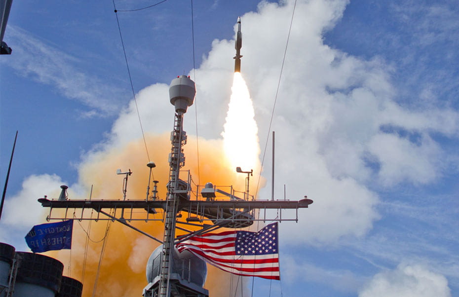 An SM-3 Block IB interceptor launches from the USS Lake Erie during a test.
