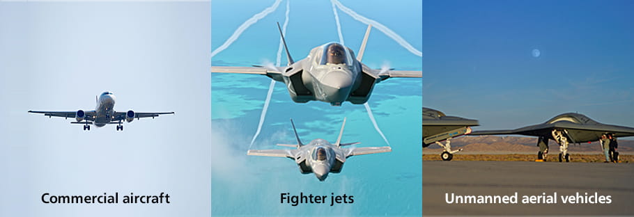 Commercial aircraft, fighter jets, and unmanned aerial vehicles