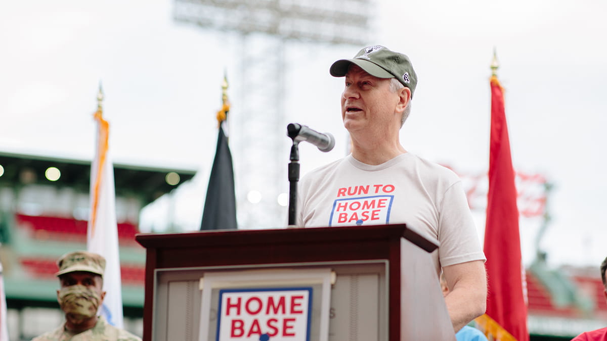 Raytheon Missiles & Defense President Wes Kremer, a U.S. Air Force veteran, spoke before the start of the Run to Home Base at Fenway Park in Boston. (Photo: Courtney Ryan)