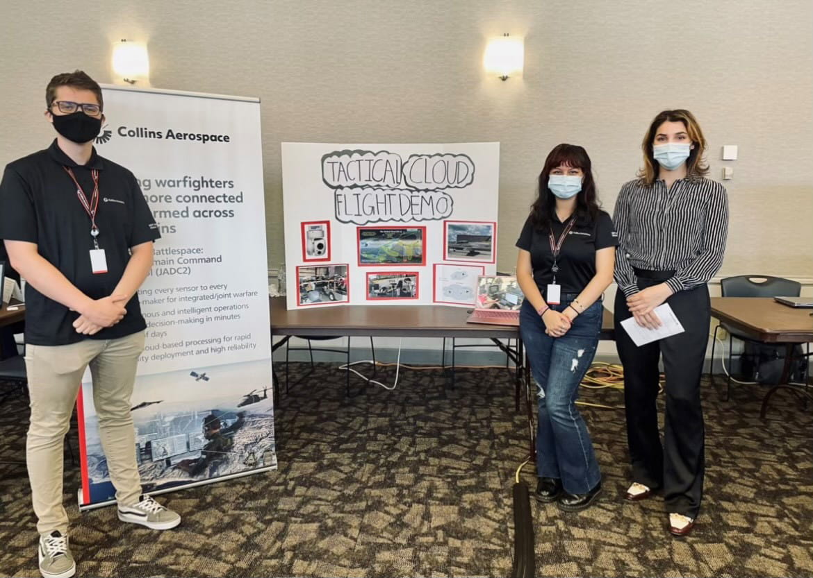 SMASH Rising alumna Giselle Cortez gave a presentation as part of her internship with Collins Aerospace. She is pictured here with her mentor, Katharine Woodruff, and fellow intern Ethan Visscher.