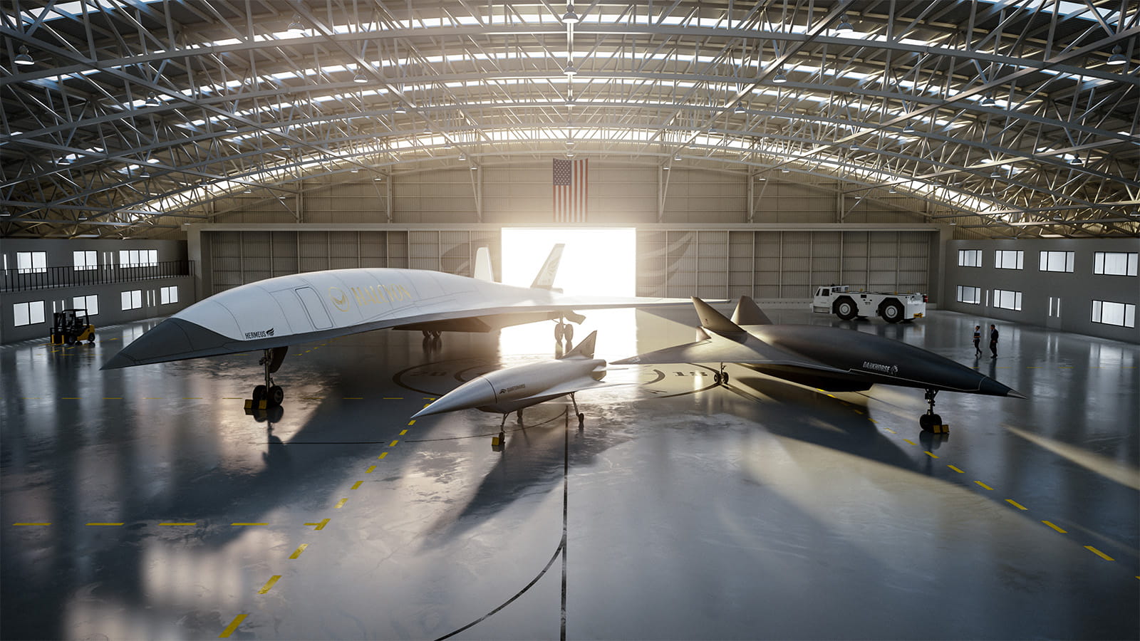 Computer-generated rendering showing three futuristic aircraft in a hangar, with bright sunlight coming through the door in the background.