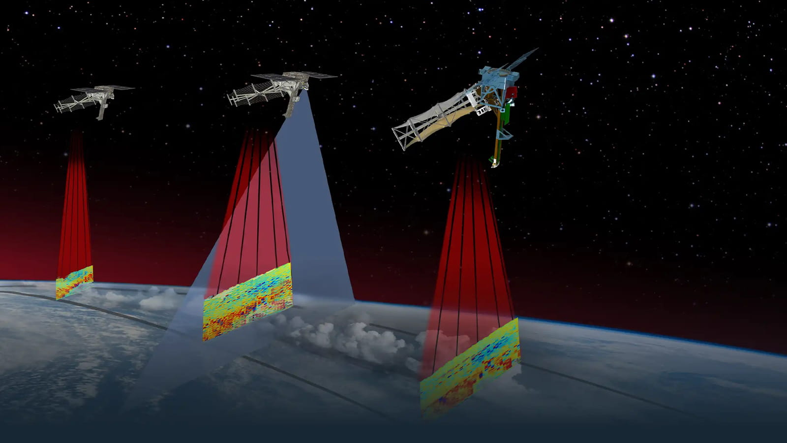a computer rendering of satellites scanning earth