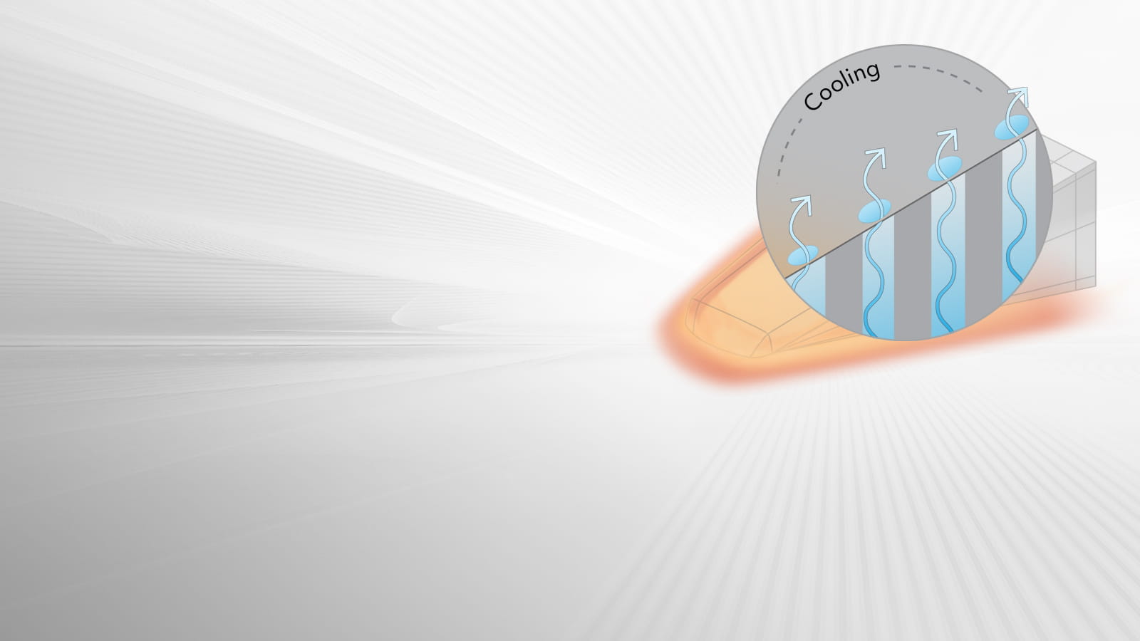 Cross-section showing a blue coolant fluid flowing through very small holes