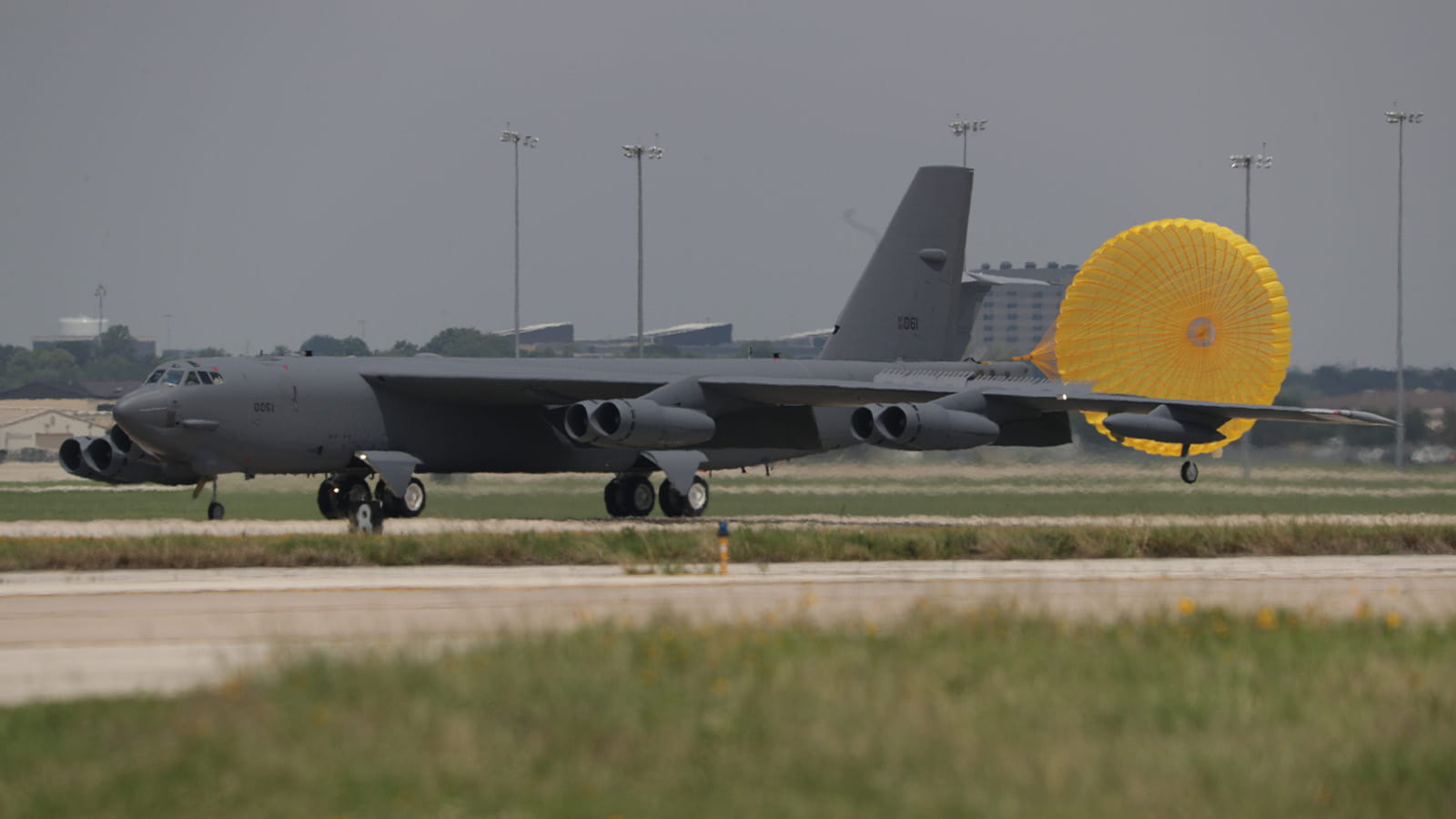 A B-52 Stratofortress arrives at Joint Base San Antonio