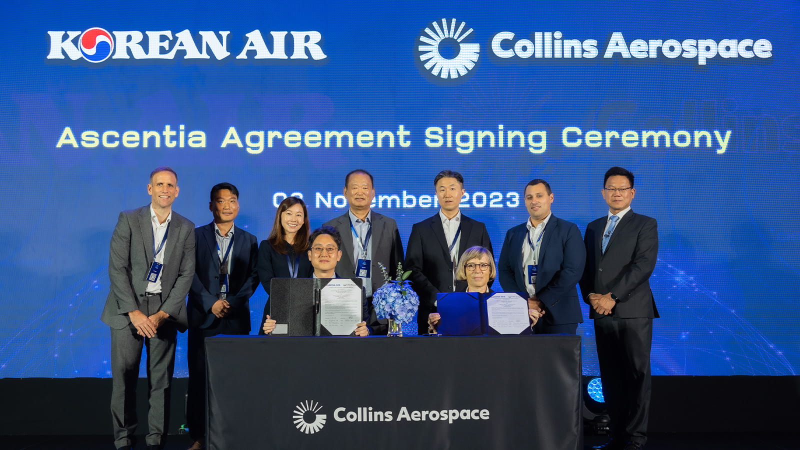 Jonghoon Oh, Korean Air, and Clotilde Enel-Rehel, Collins Aerospace, signed the agreement to equip Korean Air’s Boeing 787 fleet with Ascentia® on November 8th in Chiang Mai, Thailand.