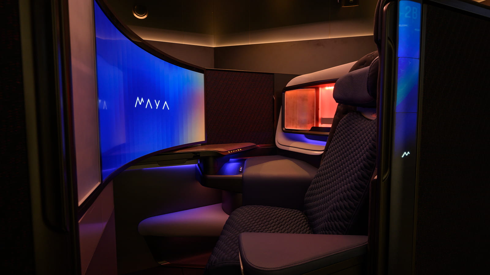 MAYA is a premium concept business class suite that seamlessly integrates an array of innovative physical, digital and intelligent technologies to deliver new dimensions of comfort, customization, accessibility and sustainability to the cabin experience. 