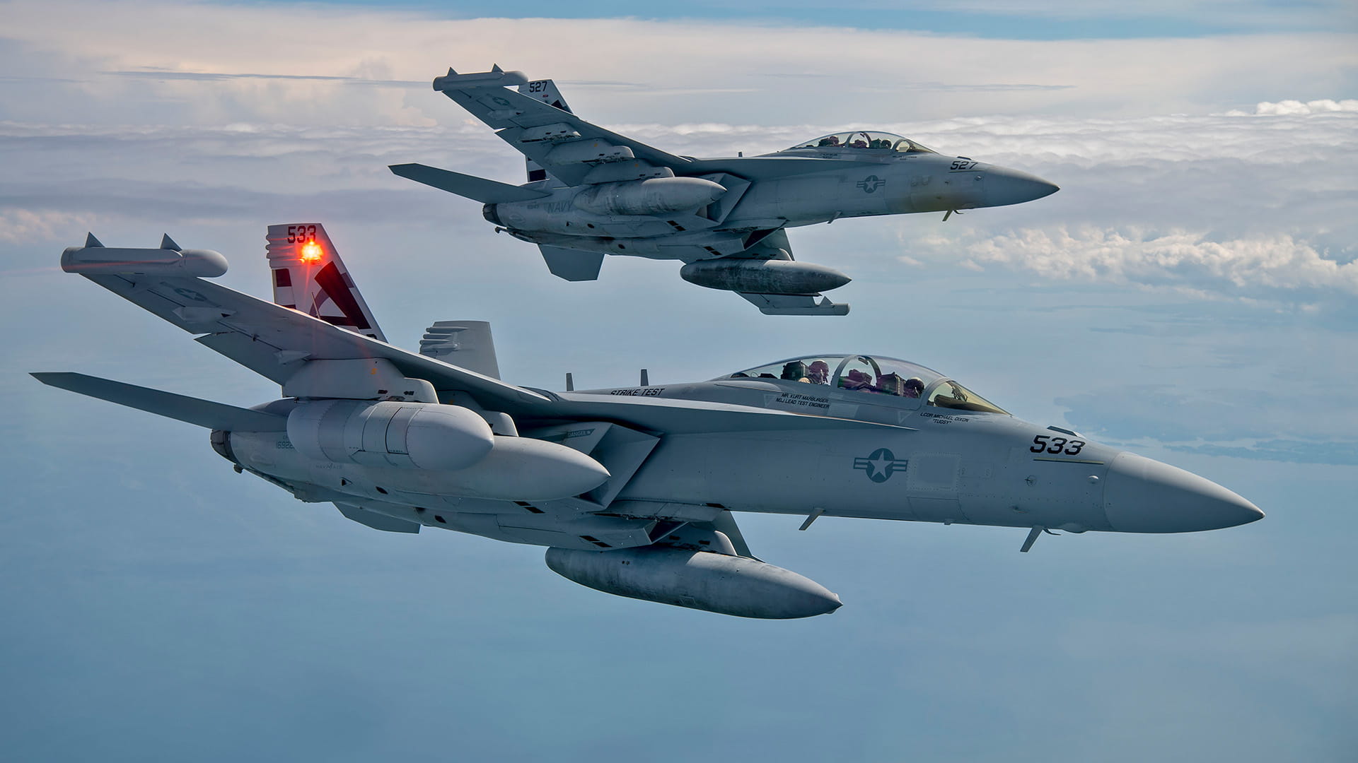 Two Navy EA18G GROWLER® aircraft in flight