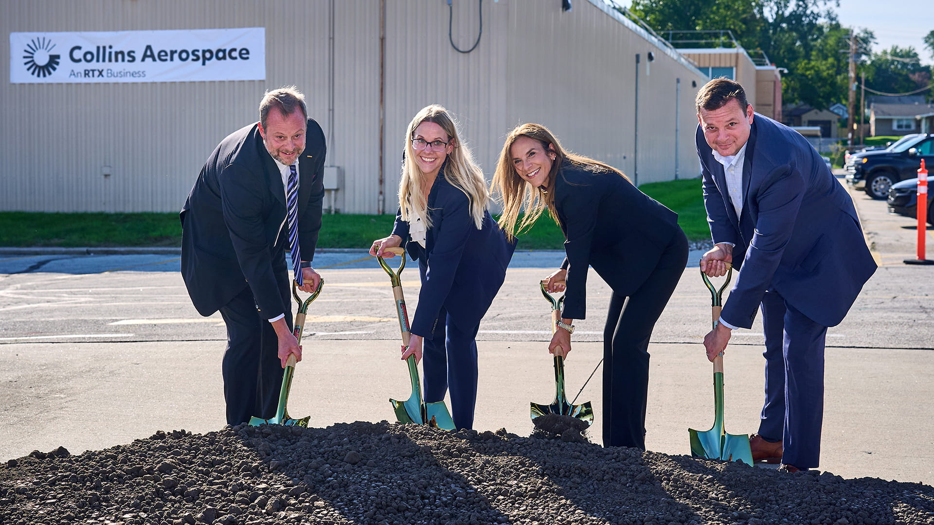 West Des Moines Mayor Russ Trimble joined Collins Aerospace executives including General Manager of Engine Nozzles Renee Begley, President of Power & Controls Irene Makris and James Bagg, vice president and general manager of Engine Control Systems at the groundbreaking for the expansion of its West Des Moines manufacturing facility.