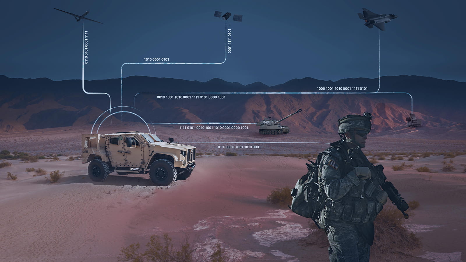 Soldier and armored vehicle in desert