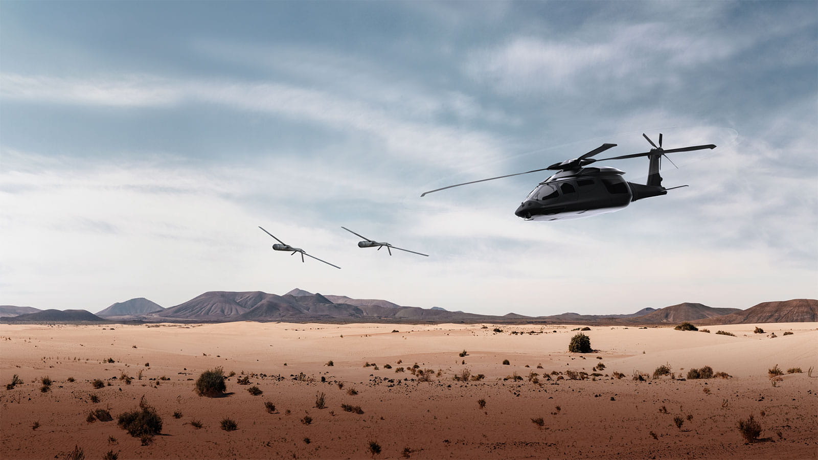 An graphic illustration of a black military helicopter flying low over a desert landscape in the daylight, with mountains in the distance and stratus clouds in the sky. Two unmanned aerial vehicles glide in the background.