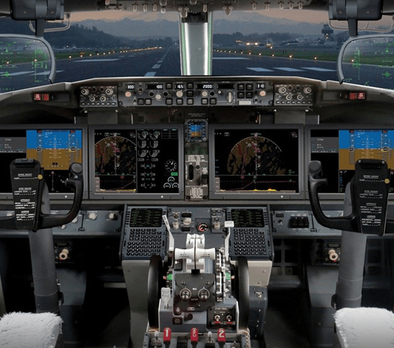 Inside a cockpit simulator