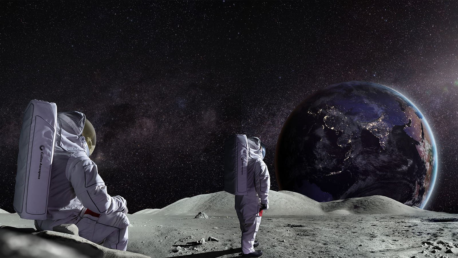 A rendering of two astronauts standing on the moon looking at Earth