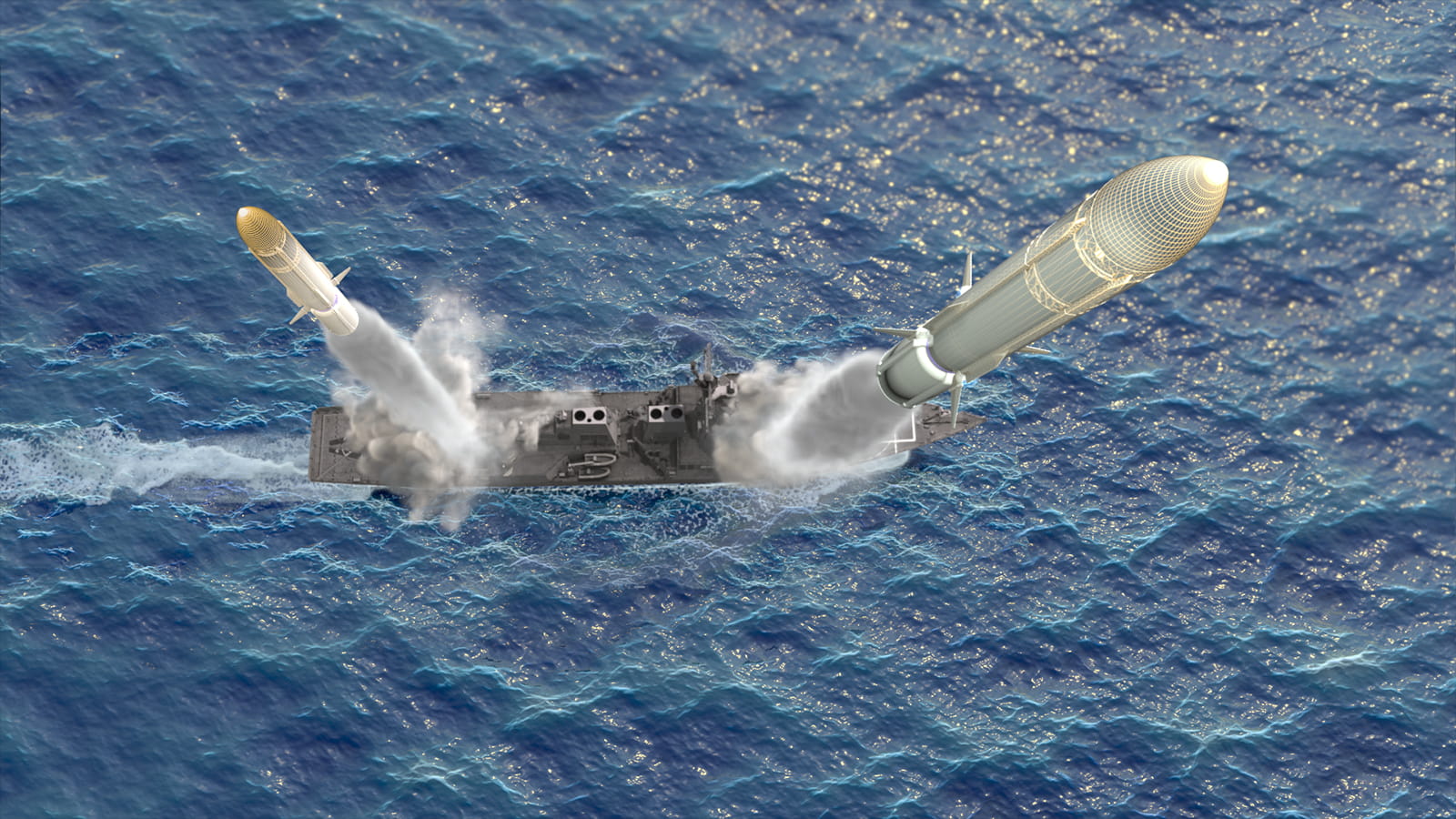 This image represents two Glide Phase Interceptors deployed to defeat hypersonic threats. It is an artistic rendering that is notional and not to scale. 