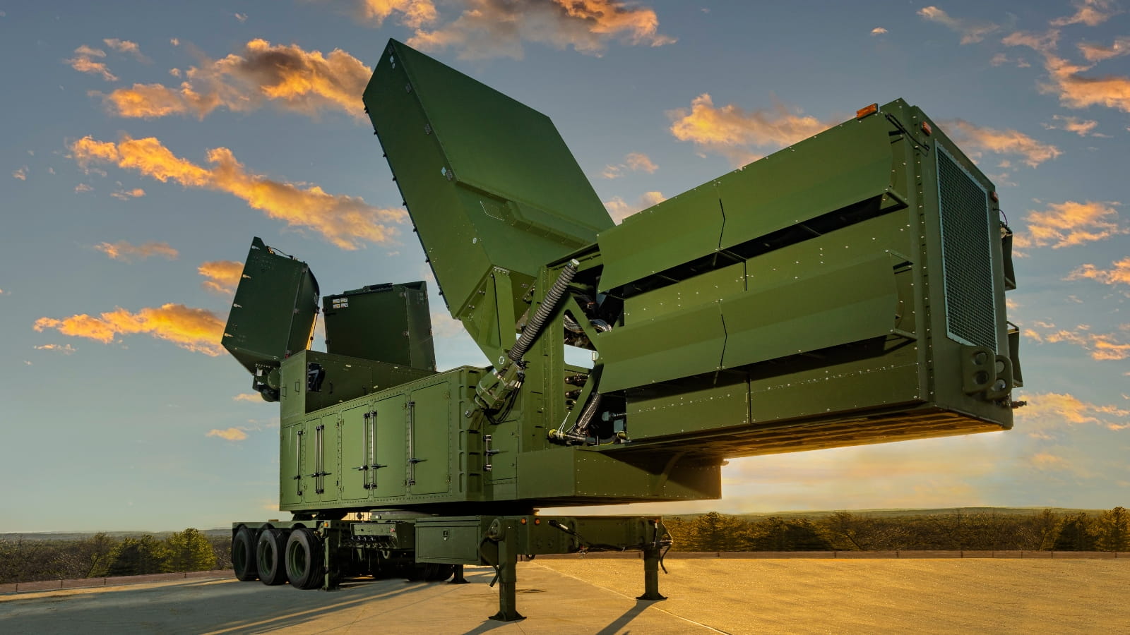The Lower Tier Air and Missile Defense Sensor peers skyward at a Raytheon test facility. 